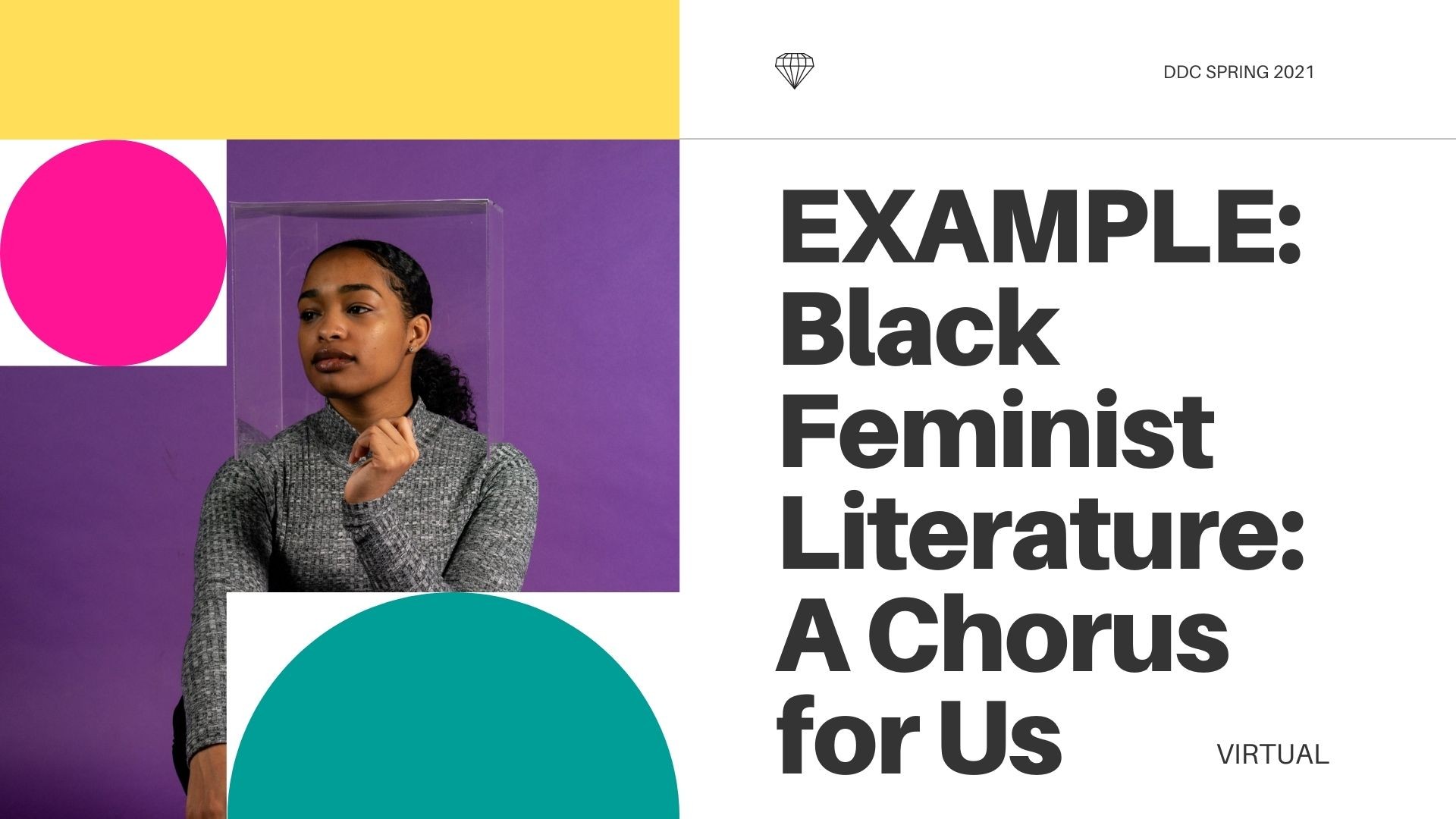Black Feminist Literature: A Chorus for Us geometric images with thoughtful black girl pictured